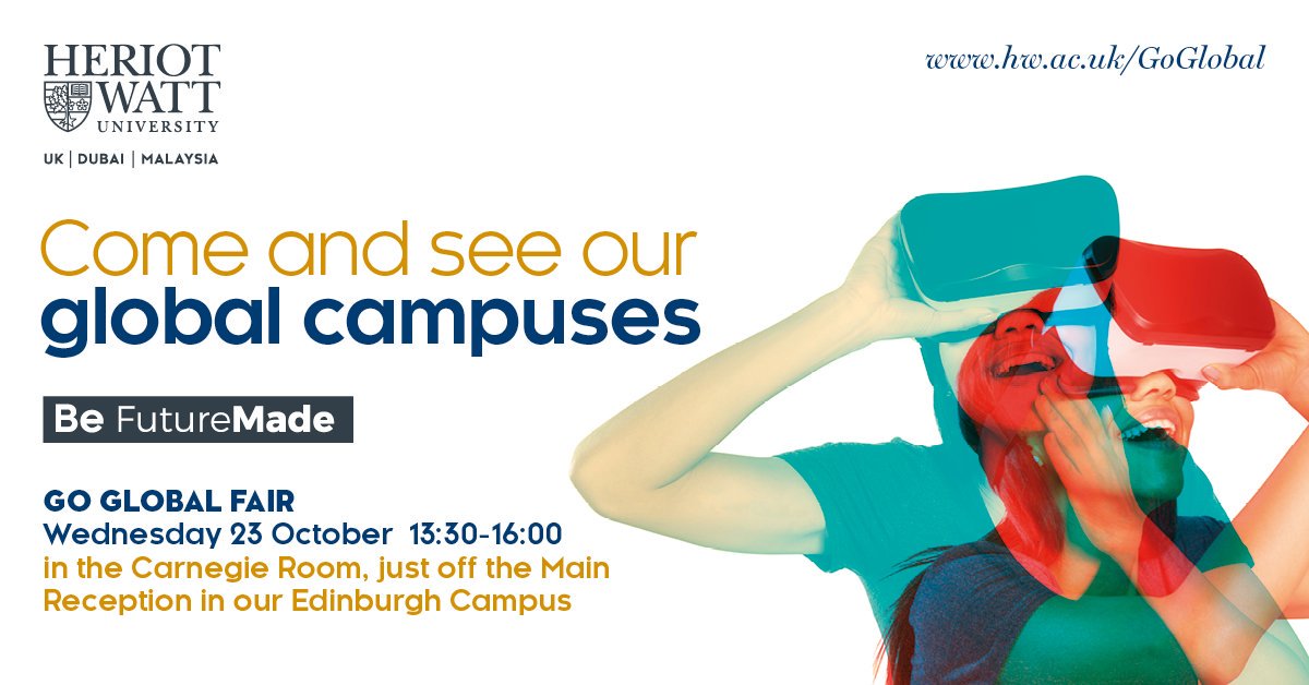 HeriotWattUni's tweet photo. GO GLOBAL FAIR - Come and see our global campuses 🌍

Find out about Go Global on Wednesday 23rd October, from Inter-Campus Transfers to Exchange and Erasmus+ programmes. With Go Global, you can study in new places and experience new cultures ✈️

#BeFutureMade #TrulyGlobal https://t.co/VA7j25QZUv