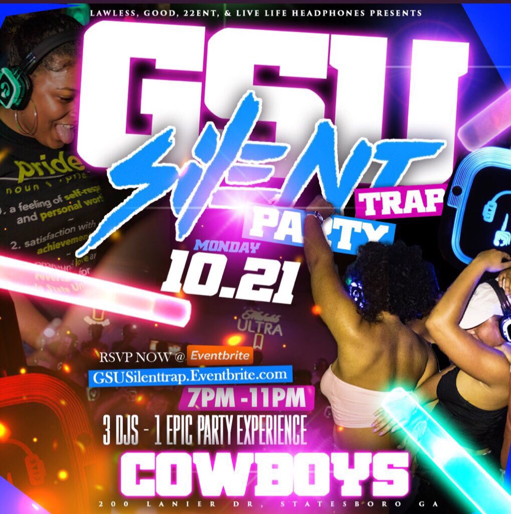 WeAreGoodEnt's tweet photo. HOMECOMING HAS OFFICIALLY STARTED 🤪🤩
TOMORROW NIGHT 💃🏾🥵
GSU SILENT TRAP PARTY 🎧🎶🔕
@GOODENT_ x @Lawless_Ent
Limited $5 Tickets are LEFT‼️🎫
https://t.co/UgWNZk1UYe
#GSU #southernnotstate
#LivelifeHeadphones #GoodEnt👍🏾 https://t.co/qIarBVT1vv