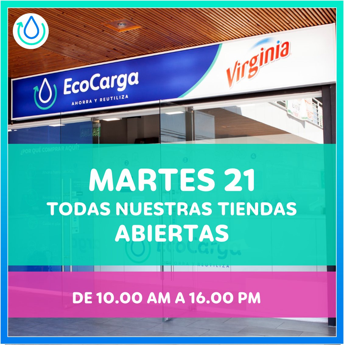 Familia EcoCarga.

Mañana Martes 21 abriremos nuestras tiendas desde las 10.00 am hasta las 16.00 pm, recuerden lavar sus envases e invitar a sus vecinos y amigos a sumarse a la forma mas consciente de comprar.

Los esperamos 😊