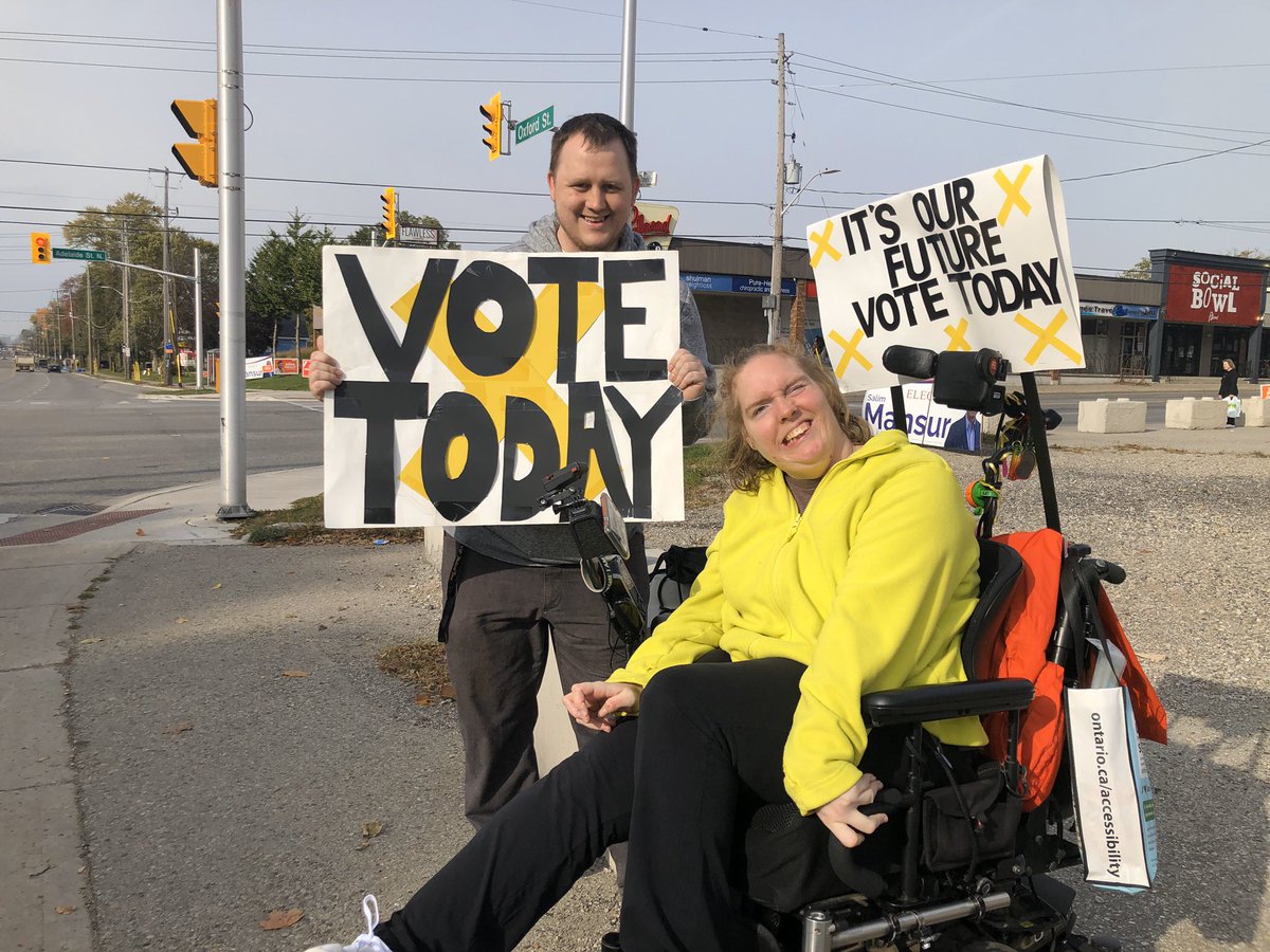 Juha_Jonathan's tweet photo. If this doesn’t inspire you to vote, nothing will.James Beech and Nicole Turner have been since this morning at Adelaide and Oxford reminding people today is Election Day. “We need change and we want everyone to go out and vote for whoever they want,” Nicole said. #LdnOnt #elxn43 https://t.co/bWPyTIhG9n
