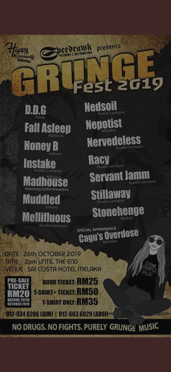 Grungermalaysia's tweet image. orang melaka ada tak? minggu depan ada gig. GRUNGE FEST 2019 RUGI KORANG KALAU KORANG TAK DTG ADA BAND POWER POWER TU. DTG LA AMBIK AURA GRUNGE KEMBALI TAHUN NI 🤟🤟 @Nervedeless #DDG #NEDSOIL #fallasleep  @madhouse @instake #honeyb #Racy #servantjamm #caguoverdose