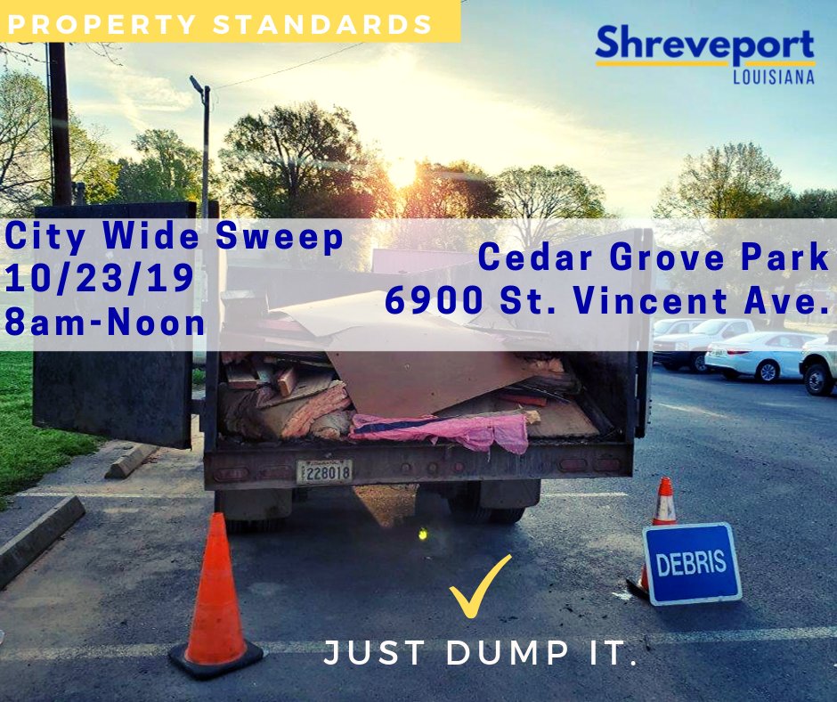 loveshreveport1's tweet photo. The Department of Property Standards is continuing to conduct Sweeps in Shreveport neighborhoods addressing any violations, problems, and concerns citizens may have. The next one will be THIS WEDNESDAY at Cedar Grove Park.
#LoveShreveport #CleanCity #PropertyStandards #JustDumpIt https://t.co/WixS37NGA6