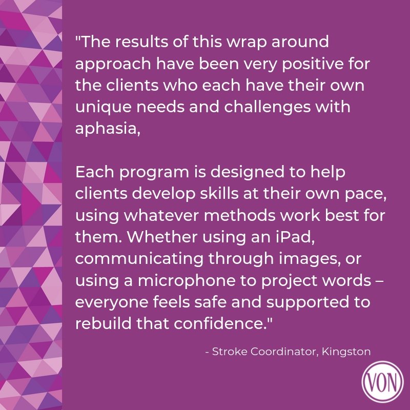 VON_Canada's tweet photo. In #YGK, staff and volunteers deliver several ‘wrap around’ programs to support adults living with Aphasia. This community program helps re-build one’s confidence with language, while forging new connections with others. #CSM2019 https://t.co/n8w931RAaq
