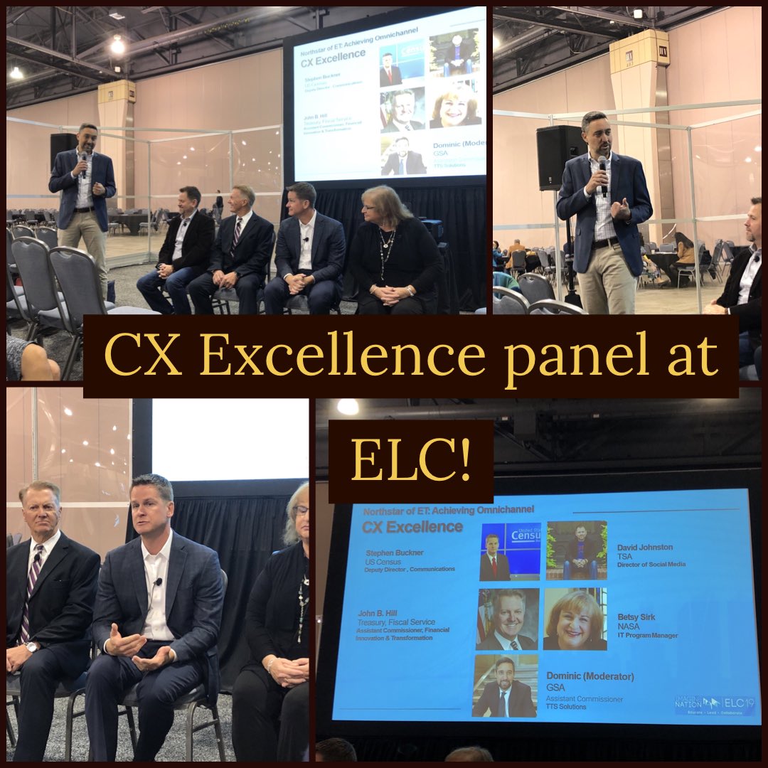 Mschrader21's tweet photo. Great to see this ELC panel of Govt experts @domsale @USAGCXGal @uscensusbureau discussing the importance of “omnichannel CX excellence”! #ImagineNationELC2019 https://t.co/W6PQhEJMl4