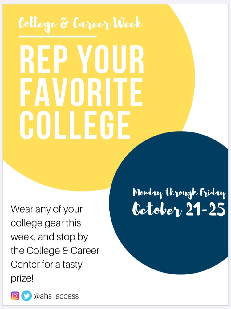 AHS_ACCESS (@accessahs) on Twitter photo College & Career Week is here!!! To win cool prizes follow the steps below:
1. Take a picture of yourself and post it on social media.
2. Tag <a href="/AccessAhs/">AHS_ACCESS</a>
3. Use the hashtags #accesstosuccess #marinersgotocollege College & Career Week is here!!! To win cool prizes follow the steps below:
1. Take a picture of yourself and post it on social media.
2. Tag <a href="/AccessAhs/">AHS_ACCESS</a>
3. Use the hashtags #accesstosuccess #marinersgotocollege