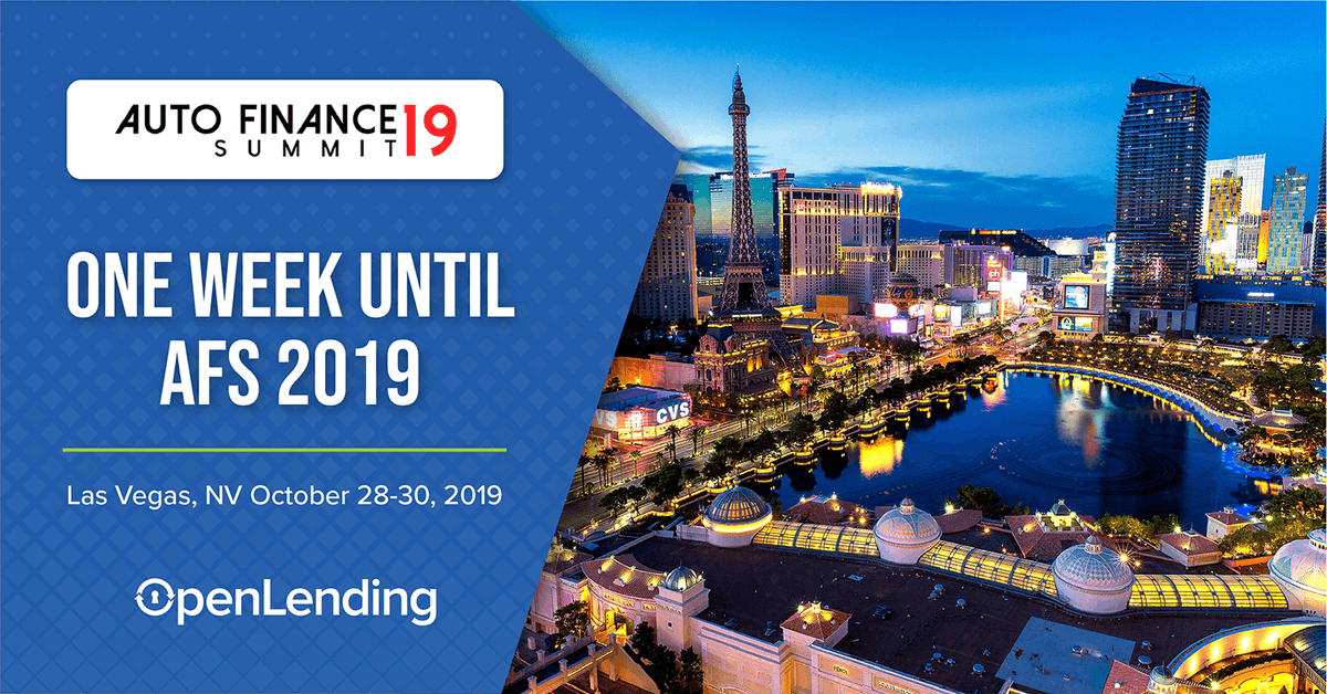 openlending's tweet photo. There's only one more week until our team members will be in Las Vegas to attend the 2019 Auto Finance Summit. We hope to see you there! #Afs19 https://t.co/NVkMCK7qEN