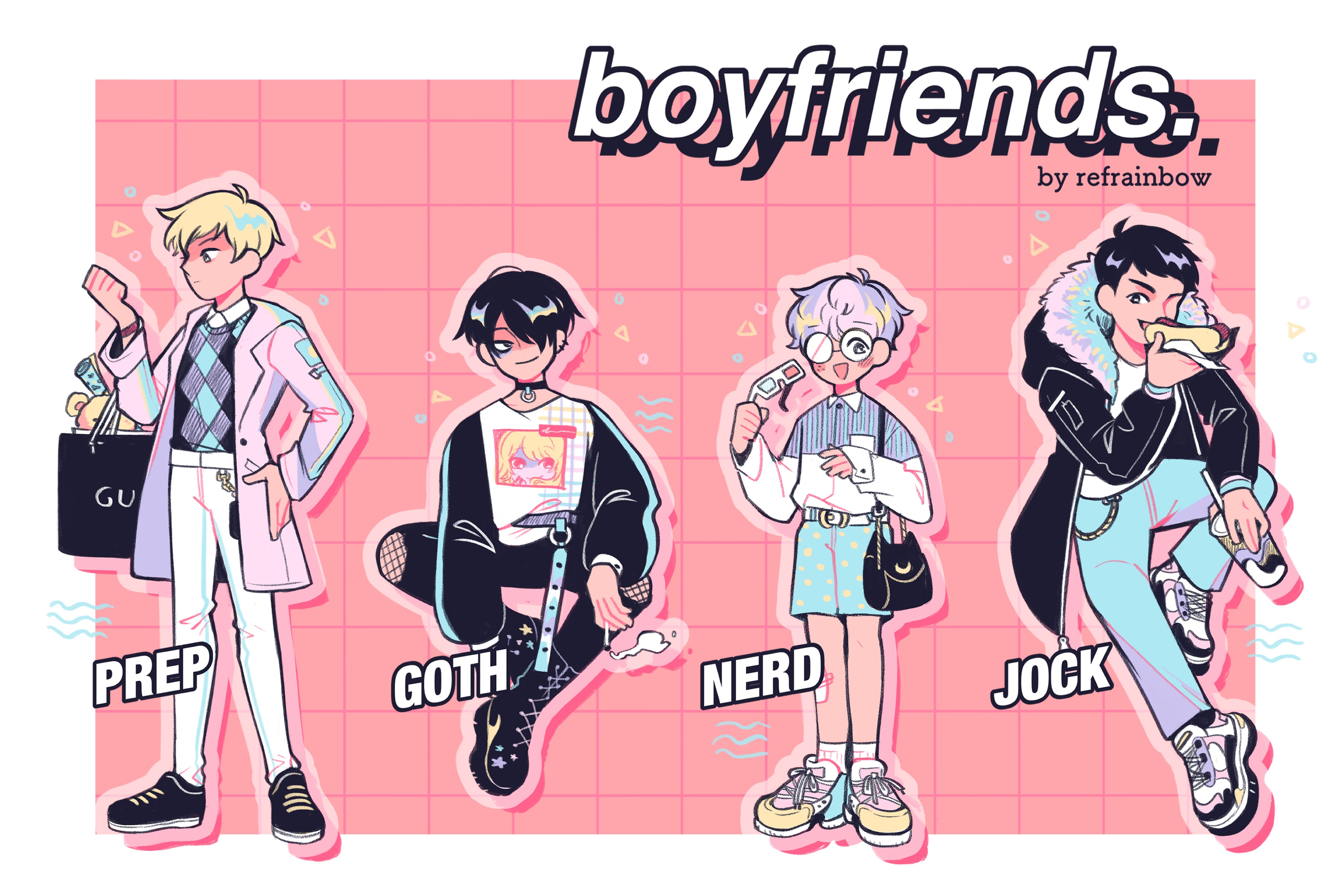 Prep, Goth, Nerd, and Jock lined up against pattern of reddish pink squares with words "boyfriends by refrainbow" in the corner