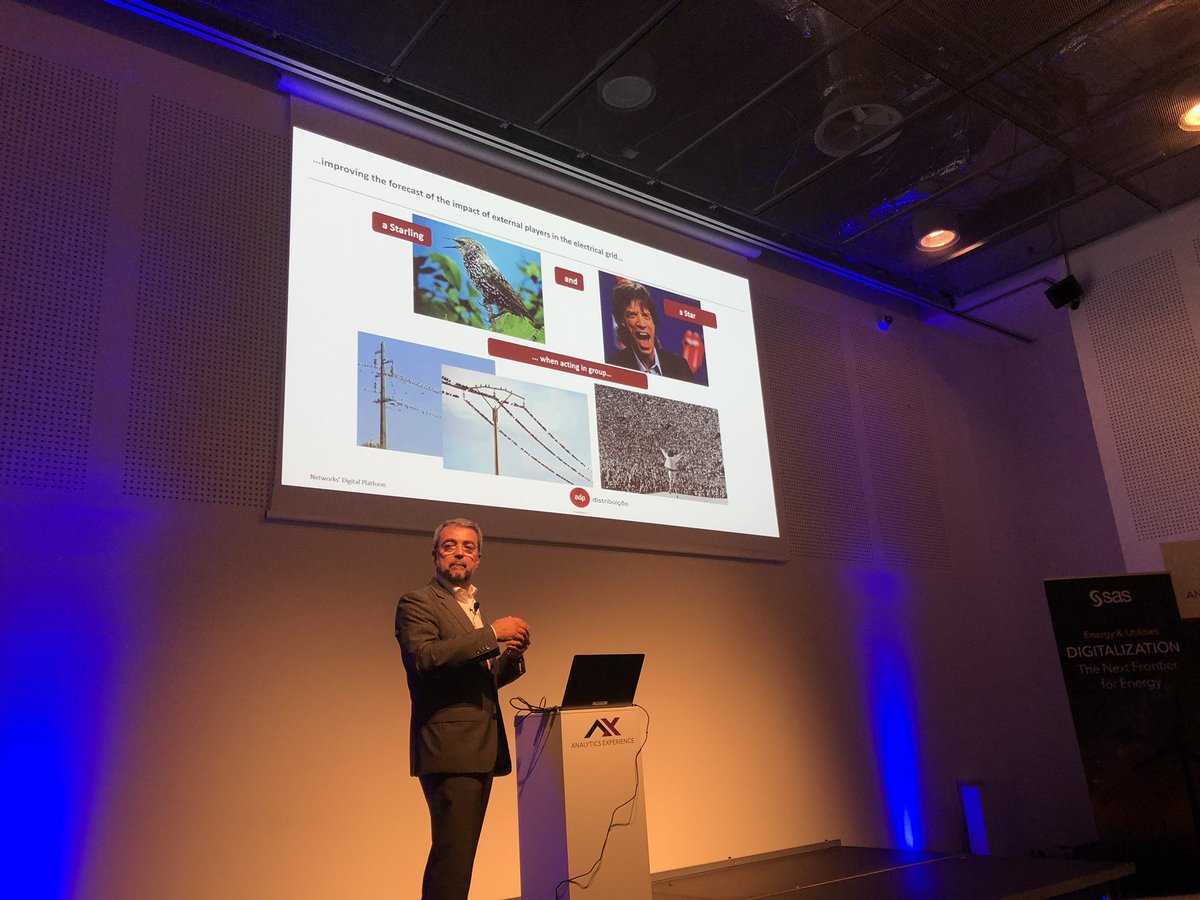 reenamistry's tweet photo. Aurelio Blanquet talking about the impact of the tiny starling on electricity distribution when they are in their millions plus Mick Jagger is in town #analyticsx #energyax @SASsoftware https://t.co/FDK2nlFHSp