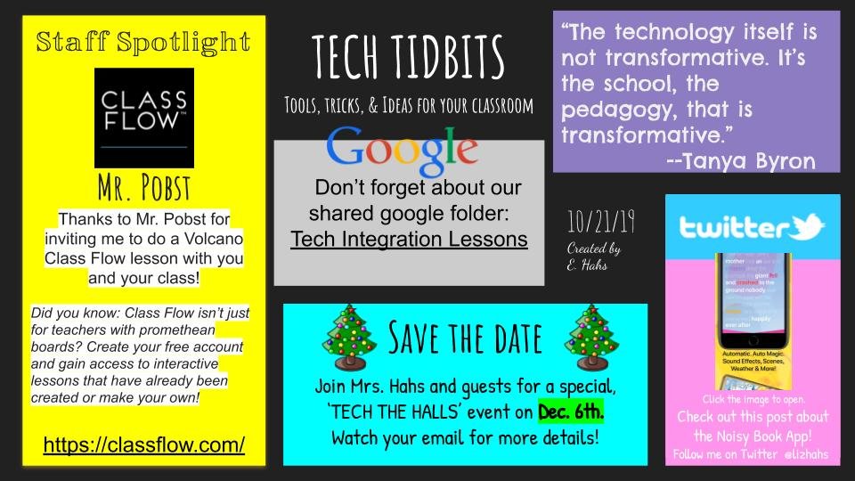lizhahs's tweet photo. It has been a hot minute since I've created a Tech Tidbits for our staff. 
Here is my latest edition:
https://t.co/15STROsHhA
Shout-out twitter corner goes to @JGTechieTeacher for her blog post on the Noisy Book App.
#techtidbits #ORproud https://t.co/rtKLSLAMjq
