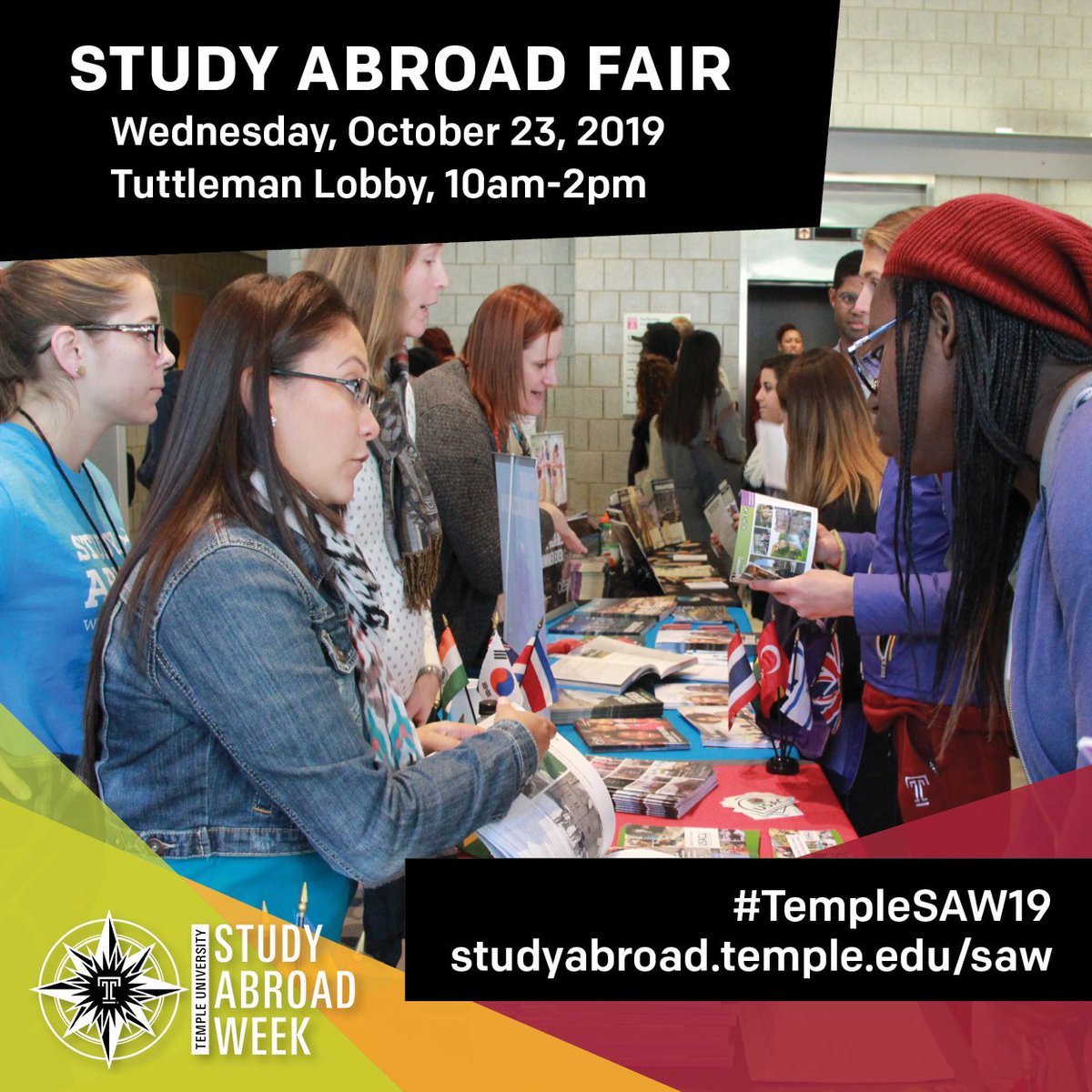 Study Abroad Fair Wednesday 10/23! Join us for this and other Study Abroad Week events for your chance to win travel prizes. studyabroad.temple.edu/saw