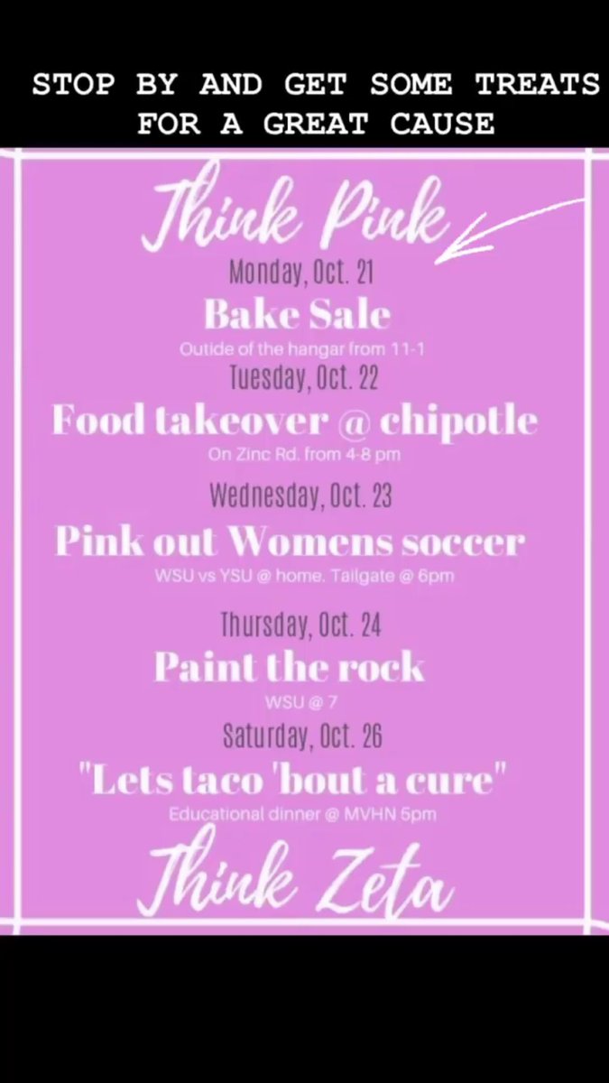ZTA_WSU's tweet photo. ITS THINK PINK WEEK 💕💕 We would LOVE to see you at some of these events this week! Come out and support a great cause. https://t.co/De323bovGX