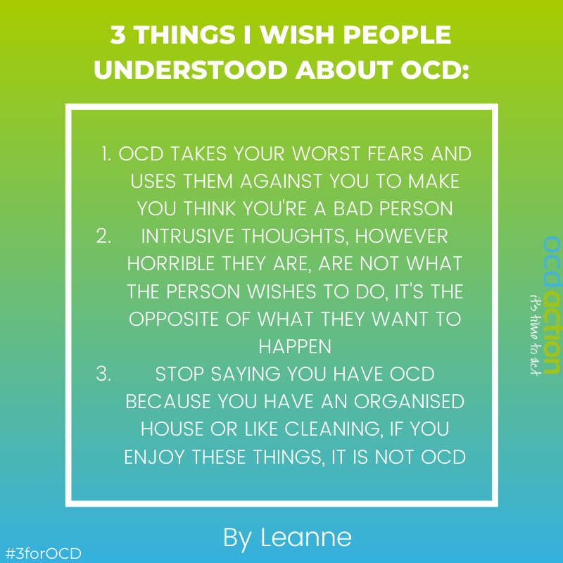 ocdaction's tweet photo. #OCDWeek may be over, but we are going to continue sharing #3forOCD posts as our efforts to raise awareness must continue all year round. We want to use our platform to ensure your voices are heard! 

Here are 3 things Leanne would like people to understand about OCD. https://t.co/QBeWvOY77H