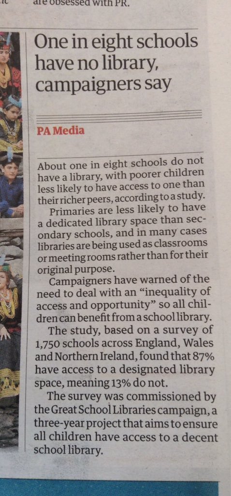 "ONE IN EIGHT SCHOOLS HAVE NO LIBRARY, CAMPAIGNERS SAY". Do we? Do we REALLY? I would say "One in eight schools HAS no library," what with 'one' being the subject of the headline and singular... but I digress. EVERY SCHOOL NEEDS A DECENT SCHOOL LIBRARY. <a href="/GreatSchLibs/">Great School Libraries</a> <a href="/CILIPSLG/">CILIP SLG</a>