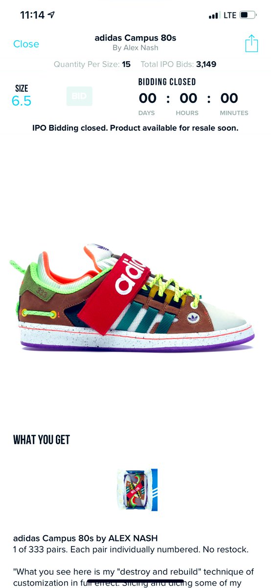 BOOST4Maddie's tweet photo. Call me a cop 👮‍♀️ so I can throw my own ass in jail please 🚨 Apparently my bid was accepted for these. Out of only 333 pairs feels pretty cool 💚 Those solar green accents thoo! @adidas @nashmoney @stockx #adidas #alexnash #adidascampus #campus80s #destroy #rebuild #cop #sneakers https://t.co/X0TmWC3TSG