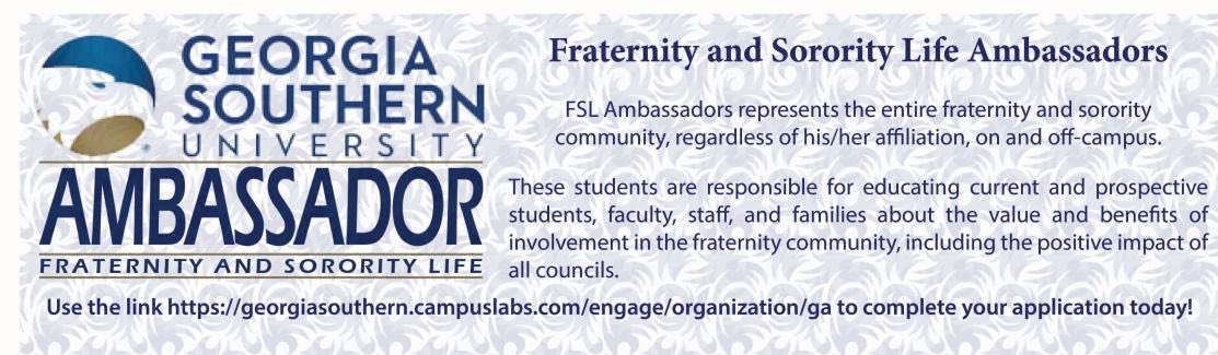 Fraternity and Sorority Life Ambassador applications are live! Our ambassadors represent the entire Greek community at Georgia Southern and help prospective students and their families learn about the Greek community and help plan community initiatives! Sign up today!