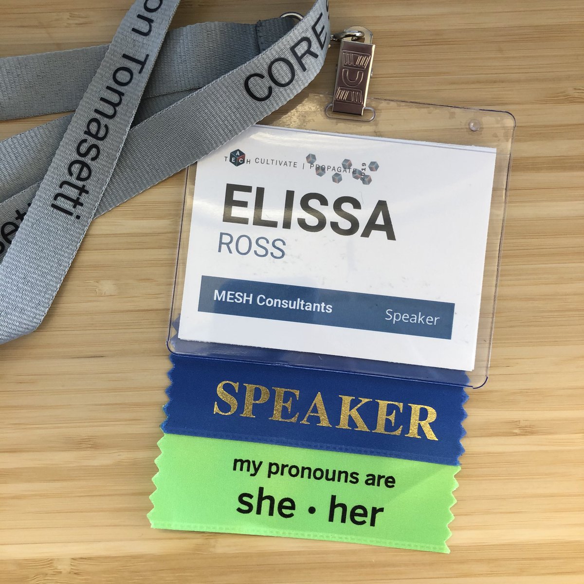 wheelissa's tweet photo. I’m usually quick to discard conference name badges but I was so impressed with the available level-up ribbons at #AECTech2019 that I might have to keep this one. https://t.co/2nlRWKS6fK