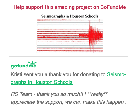 raspishake's tweet photo. #MondayMotivation: Texas Educational Seismic Project #TXESP is raising funds to bring #RaspberryShake #seismographs into #Houston schools. Help support @KristiFinkTXESP in this fantastic #ShakeEducation project. #STEMEducation #GeoscienceIsforEveryone ➡️ https://t.co/KWcrsT4aqw https://t.co/Vimtvxd15J