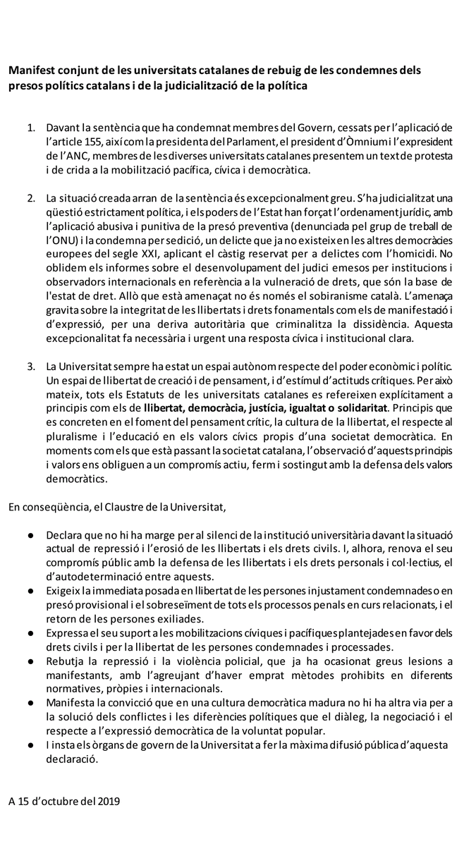 El Claustre de la <a href="/UniBarcelona/">Universitat de Barcelona</a> aprova el "Manifest conjunt de les universitats catalanes de rebuig de les condemnes dels presos polítics catalans i de la judicialització de la política" per
111 a favor, 
    7 en contra i 
    6 en blanc

#UniversitatsEnLluita