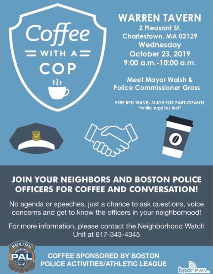 This Wednesday from 9 AM to 10 AM! Mayor Walsh and Commissioner Gross we will be in attendance along with Captain Fong and Area A representatives. They will be answering questions and listening to concerns. All are Welcome! <a href="/marty_walsh/">Mayor Marty Walsh</a> <a href="/bostonpolice/">Boston Police Dept.</a>