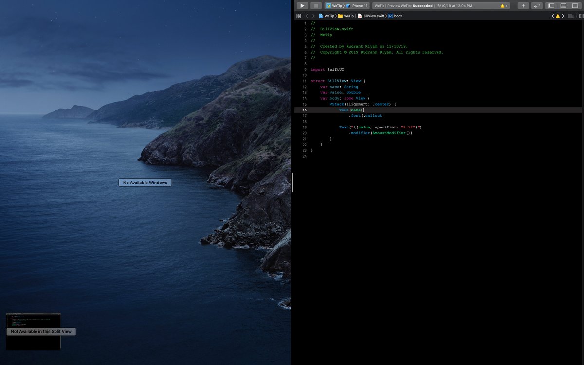 rudrankriyam's tweet image. Why is Split View not available for two Xcode projects? Am I missing something here?
#Xcode11 #macOSCatalina
