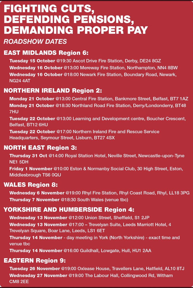FBUEastMidlands's tweet photo. For any East Midlands members living out of the region or missed our regions All Members meetings, meetings will be taking place in the following locations. @fbunational @LeicsFBU @DerbyshireFBU @FBULincolnshire @nottsfbu @FBUNORTHANTS #properpay https://t.co/qZQ9ZIDdtY