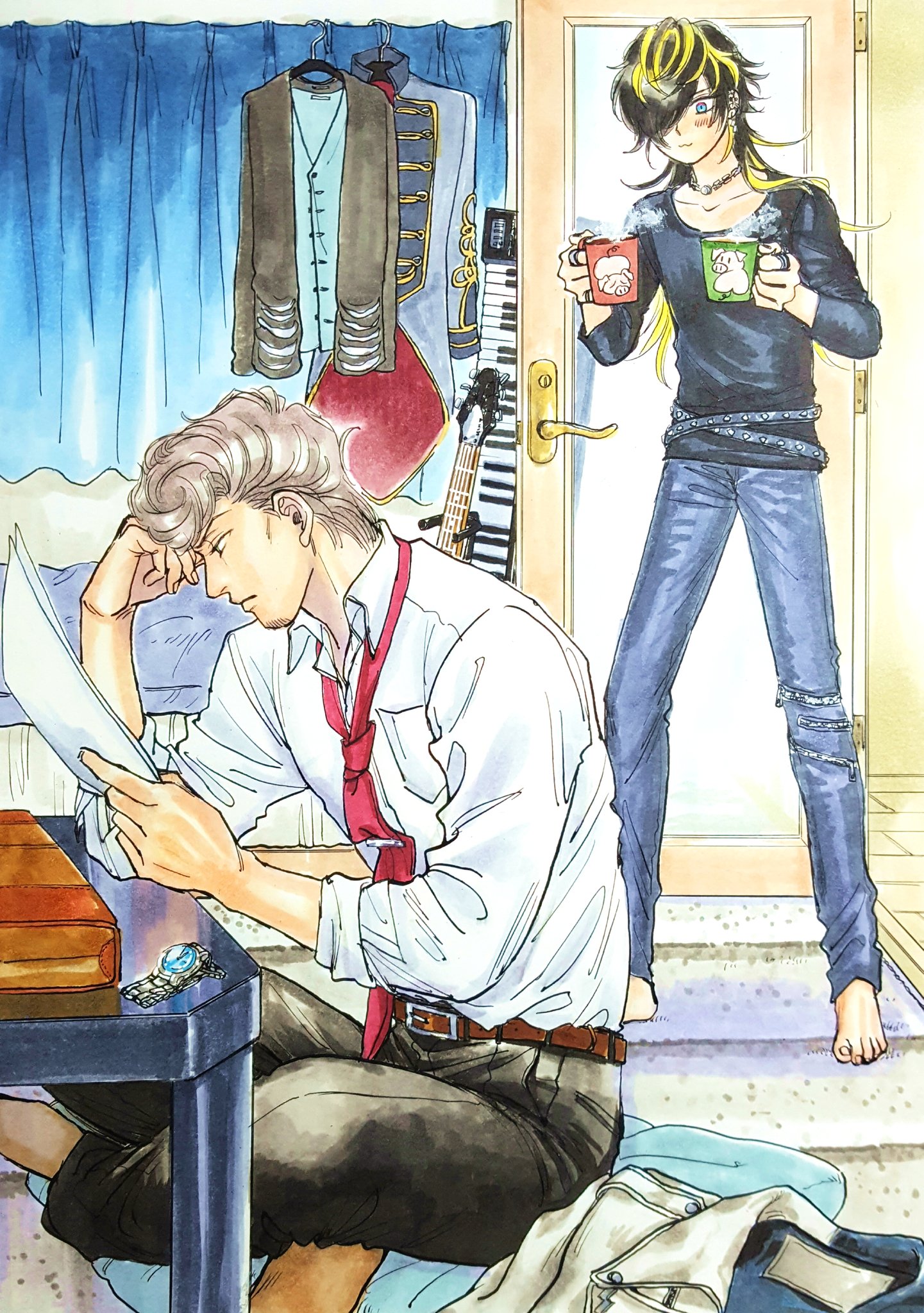 バンビ V Twitter 息子の部屋でくつろいでるお父さん のような絵になっちゃったじゅしひと まだ仕事モードが抜けてないひとやさんと今夜は寝かせないぞ ってニヤついてるじゅうしくん じゅうしくんを車で送ってったら コーヒー飲んでって って言われて部屋