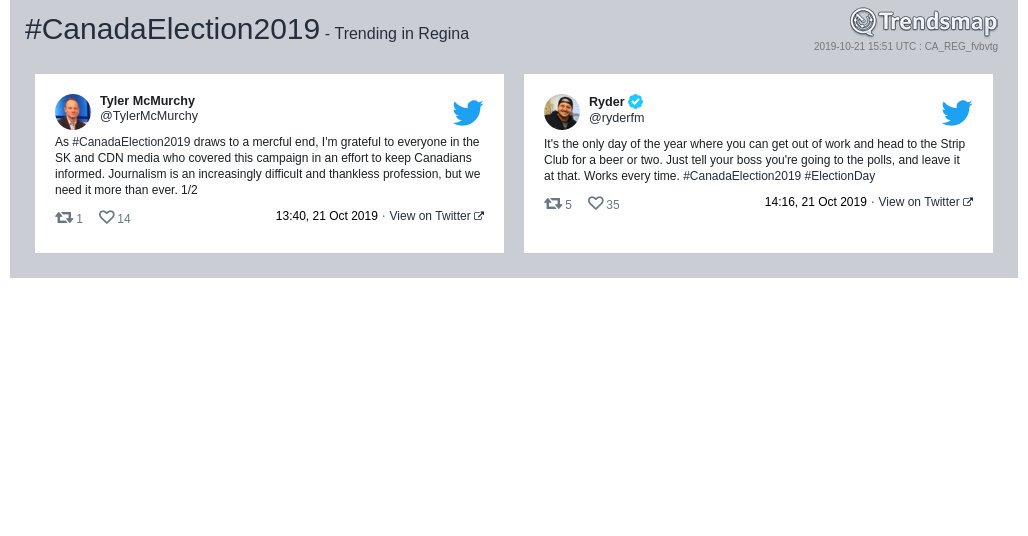 TrendsRegina's tweet photo. #canadaelection2019 is now trending in #YQR

https://t.co/Oji7fZpgiS https://t.co/ZzzBsMUnPQ