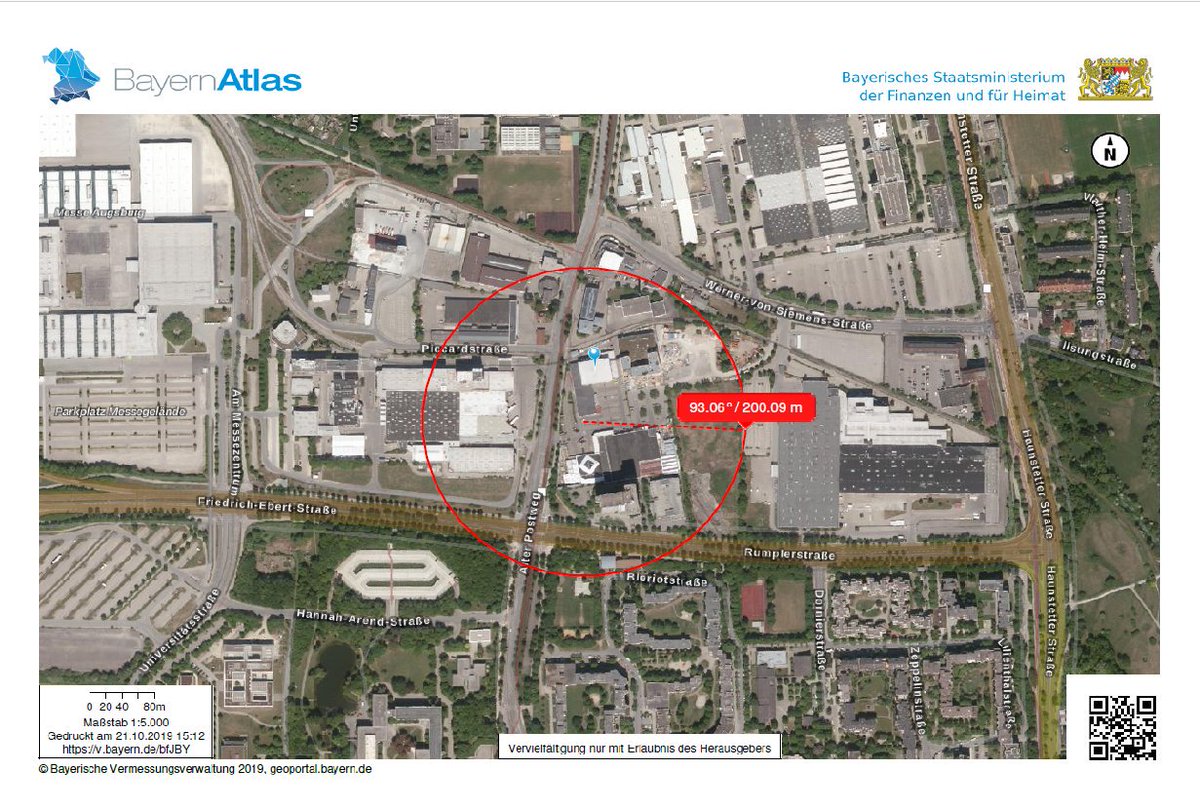 polizeiSWN's tweet photo. Der Bereich #AlterPostweg (um Hausnr. 97) ist im Umkreis von 200m bis 18:30 Uhr zu verlassen. Eine Sammelstelle wurde beim Malteser Hilfsdienst Werner-Von-Siemens-Str. 10 eingerichtet. #Polizei #Fliegerbombe #Augsburg https://t.co/cosEU47j0C