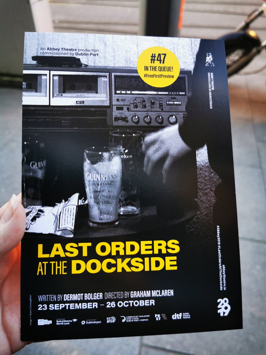 FallenBlueHalo's tweet photo. In the queue @AbbeyTheatre excitedly waiting for #FirstFreePreview of Dermot Bolger #LastOrderAtTheDocklands with @LambeLisa and @1stejones #Abbey2019 #lovetheatre ps thanks for the bacon fries 😋 https://t.co/ld4nK14IPh