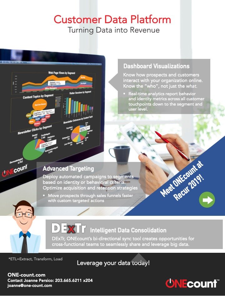 ONEcount's tweet image. No time to meet up with @ONEcount today at #Recur2019? Request a demo to see how our #CustomerDataPlatform #CDP helps recurring-revenue brands turn #data into #revenue: bit.ly/ONEcountDemo
