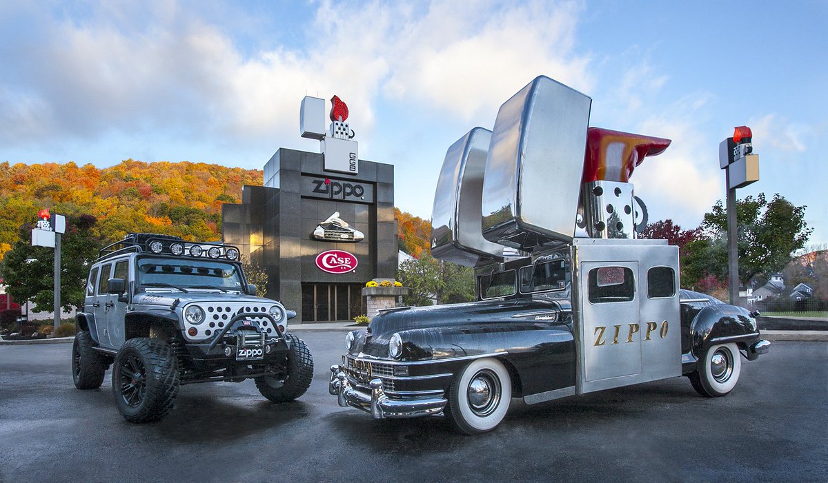 The Zippo Jeep and Zippo Car are parked in fron of the Zippo/Case Museum & Flagship Store.