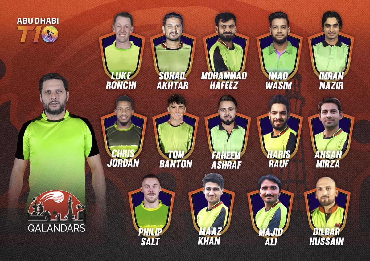 T10League's tweet photo. The crowds come to watch Boom-boom play. But #Qalandars will surprise with their depth and versatility, with stars like Hafeez, Wasim and Ronchi ready to make their mark. Key to Victory: Afridi's leadership and staying cool in front of the wild Qalandar crowds.#AbuDhabiT10 https://t.co/hOdvJJKskE
