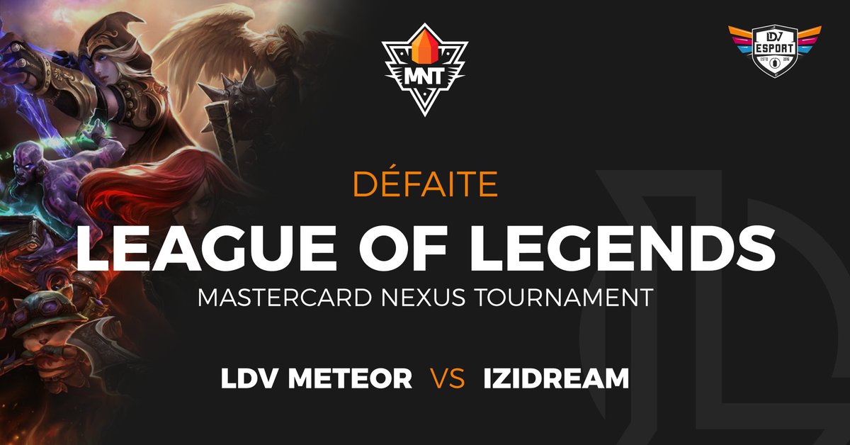 LDVEsport's tweet photo. [LOL]

🚨 Et voici donc les résultats pour le @MastercardNexus Tournament ! 🚨

Malheureusement c'est une défaite pour notre équipe #LDVMETEOR face à @izi_dream 😢🏆

Bravo à eux pour leur parcours ! 🙌 https://t.co/31mTmHqiQB
