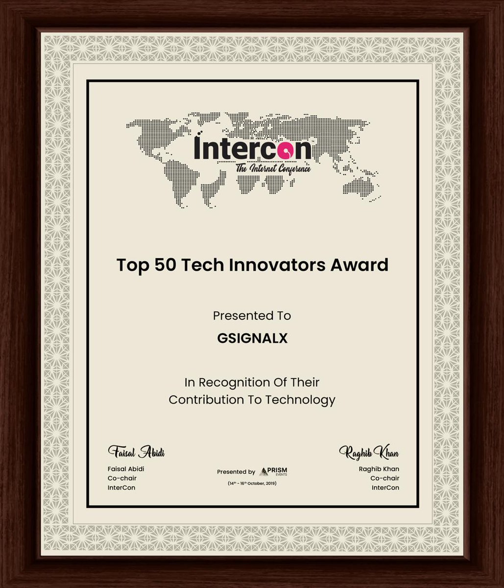 gsignalx's tweet photo. GSIGNALX awarded as one of the Top 50 Innovative Tech Companies by InterCon. This recognition is motivation for our Founders and Team to work rigorously in days to come and contribute the businesses through our innovative solutions.
#gsignalx #intercon2019 #techinnovators https://t.co/2YYby9I6h1