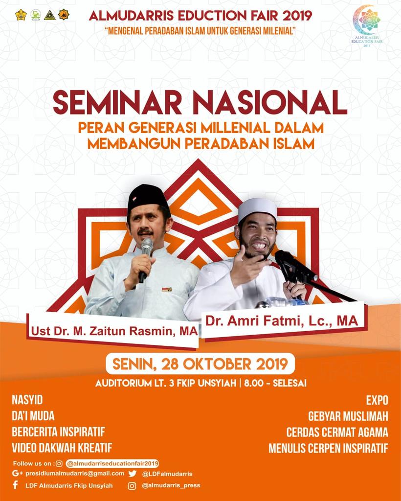 Assalamualaikum.. 
Yuk dicatat tanggalnya dan hadir ditanggal 28 oktober 2019 nanti yang bertepatan dengan memperingati Hari Sumpah Pemuda. ✊✊
Ajak teman-teman untuk hadir juga ya.. 
Masih bisa daftar, chek informasinya di IG @almudarriseducationfair2019

Semoga bermanfaat..