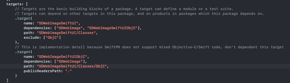 DreamingPiggy's tweet image. Swift Package Manager still does not support mixed Swift with C/C++/Objective-C code, a bad day for framework author. I have to use this trick target to seperate different languages code. ☹️
Xcode already support mixed language in one target, is this hard to implement ?🧐#swiftpm