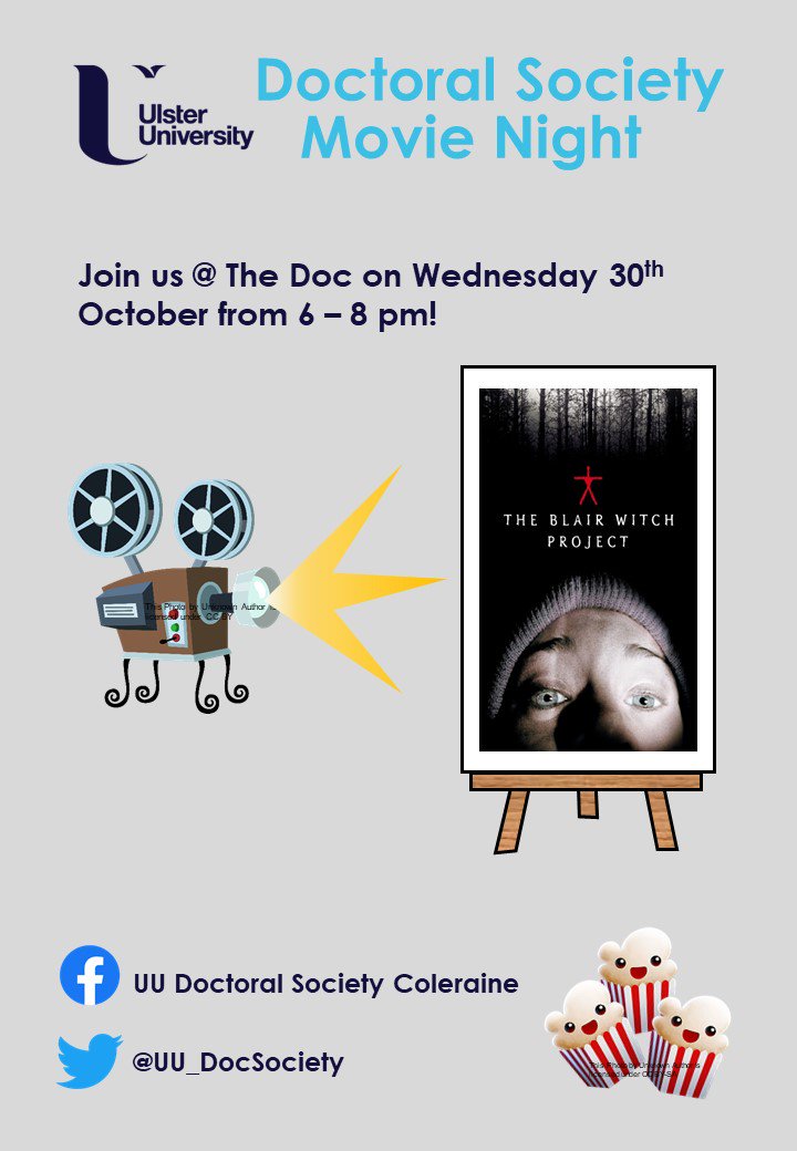 UU_DocSociety's tweet photo. Who doesn't like a movie, popcorn, and crisps? Come along to a Halloween themed movie night with your fellow PhD researchers! Details below!

Could you all please bring along a £2 membership fee, so you can become an official member of the society! #phdlife #weareuu https://t.co/PCZdV4E2r3