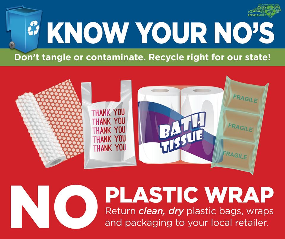 RecycleMoreNC's tweet photo. Plastic bags and packaging wrap around the recycling machines, shutting down the facility several times a day. Take them to the grocery store, bring your own bags, and when possible, buy products that aren’t packaged in plastic. #RecycleRightNC https://t.co/gjn1Hk9J9Y