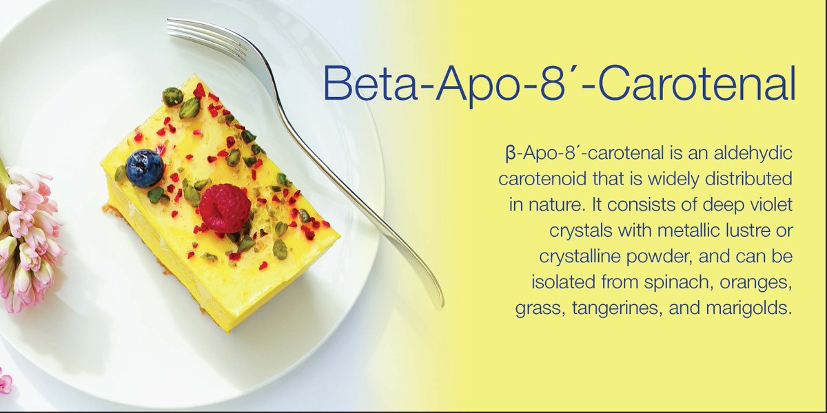 IACMColor's tweet image. #FeatureColor: Beta-Apo-8-Carotenal
It can be used to color confectionery, bakery products, snack food, juices, fruit drinks, soups, jams, jellies, gelatins, processed cheese, margarine, salad dressings, fats and oils. Learn more: ow.ly/WJLH50wODy3