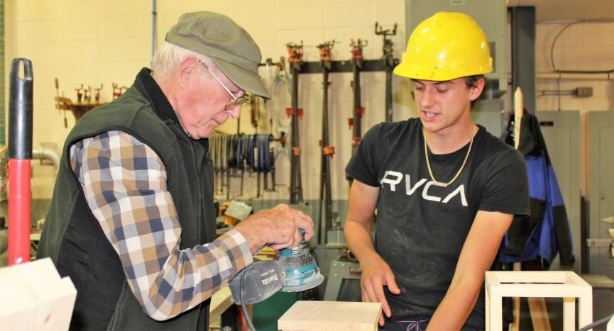 ASD_West's tweet photo. Woodstock High School students recently took part in an Essential Skills Pathway project that took them to the carpentry shop at NBCC where they were mentored by tradespeople in training and local seniors with experience in the wonders of woodworking. https://t.co/4X2TQSgkiy