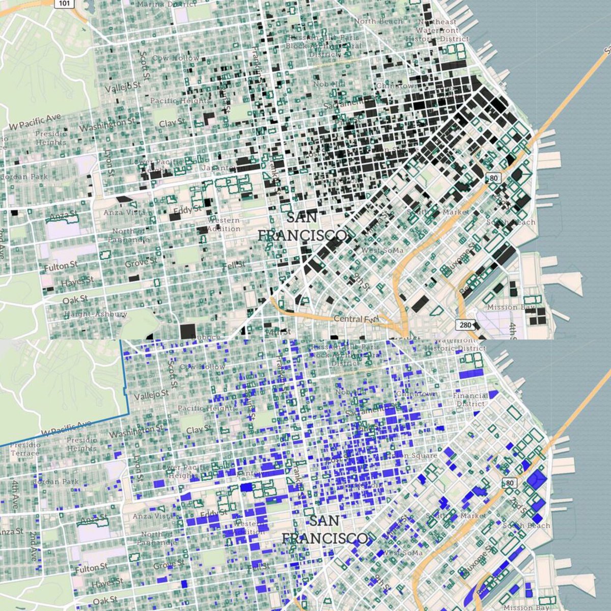 regridapp's tweet photo. #mappingmondays brought to you by #LandgridPro

Bay Area:

Comparison: Parcels with buildings taller than 5 stories (black) and parcels that have 20+ housing units (blue).

#mappingmondays #sanfransisco #dataisbeautiful #cities #parcelmaps #landgridmappingplatform #loveland https://t.co/iycb1j5jg1
