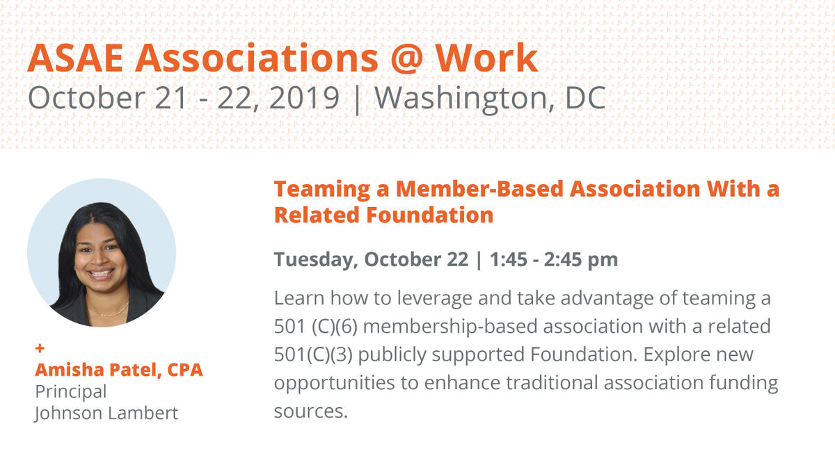 Johnson_Lambert's tweet photo. Amisha Patel and Paul Preziotti are excited for their sessions tomorrow at @ASAEcenter's #AtWork19. Which will you be attending? https://t.co/MN2fvFbWCR #JLConferences #JLInsight https://t.co/Ttz6O33Fo1