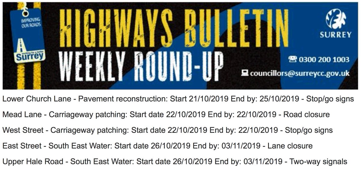 FarnhamConserv's tweet photo. Latest Roadworks Info for Farnham area

For the rest of Surrey Roadworks info visit https://t.co/3QDMlGFZZw

(roadworks dates occasionally changed due to practical circumstances) https://t.co/vr0IpsZwRk