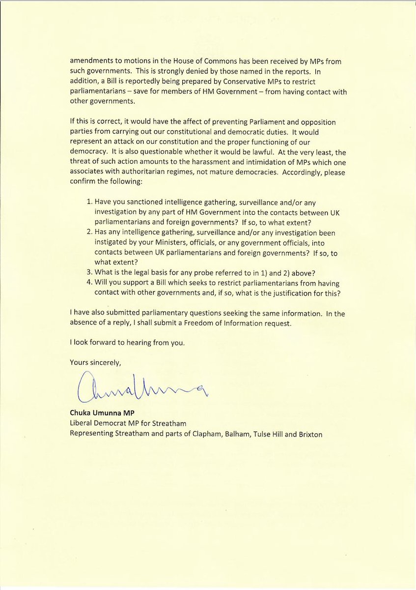 ChukaUmunna's tweet photo. It is vital for backbenchers to have conversations with counterparts in other countries to inform our work. Government interference amounts to an attempt to fundamentally breach of our constitution and our human rights – it would threaten our democracy. Read my letter below: https://t.co/3iB0CRgfQi