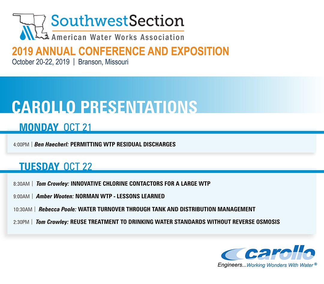 Want to hear how Carollo is Working Wonders with Water? Come join us in Branson, Missouri at the <a href="/swawwa/">swa</a> 2019 Annual Conference and Exposition. swawwa.org
