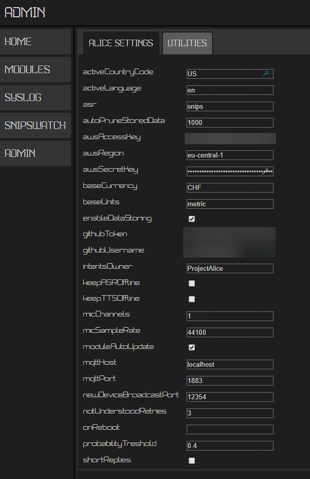 NovaMillaC's tweet photo. #ProjectAlice powered by @snips interface admin part is slowly getting there. On the fly config changes available! #MakeWithSnips or #MakeForSnips ? https://t.co/3oBUO8S7Wf
