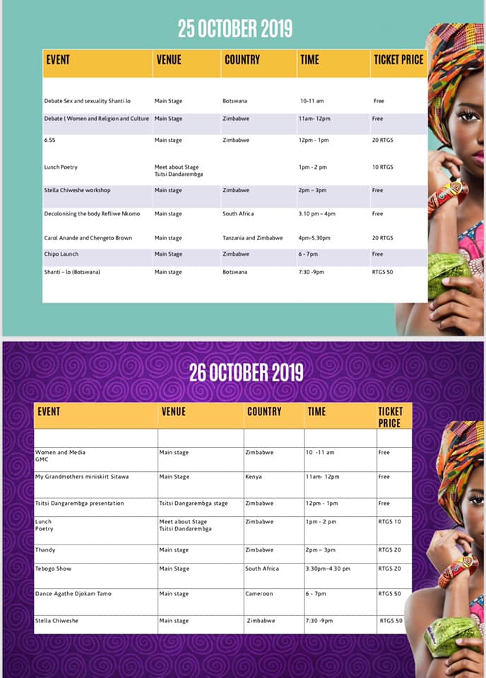 TheatreHarare's tweet photo. WOMEN, WINE &amp; WORDS FESTIVAL 2019 PROGRAMME:
Checkout the attached programme for the WWWF happening this week from 24 to 26 October at Theatre in the Park, Harare. Come through for this great event and to those who want stalls for exhibitions, book now here: Ethel 
 -(0775951734) https://t.co/ZfTeuMnElE