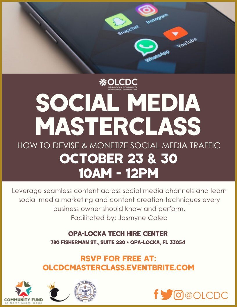 OUAmdcps's tweet photo. Please don't forget to RSVP for the Social Media Master Class provided by Opa Locka Community Development Corporation. You'll learn more about utilizing social media effectively into your business practice. https://t.co/JPLRVnxysZ
