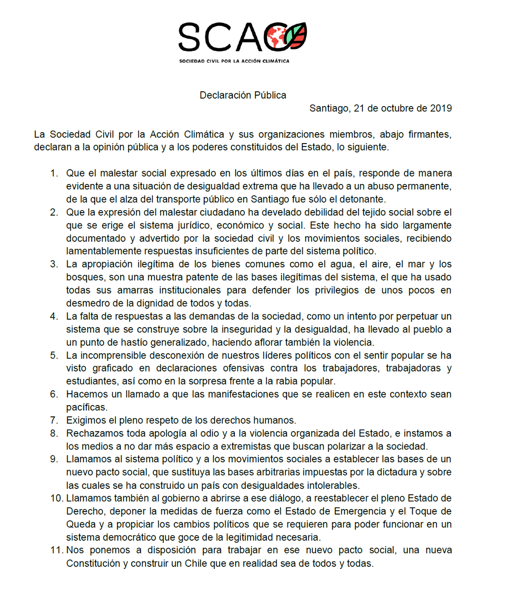 eziocosta's tweet photo. Desde @SCAC_Chile emitimos este comunicado. 

Nos ponemos a disposición para trabajar en nuevo pacto social que no se construya sobre militarización, injusticia y desigualdad. 

Donde los bienes comunes sean comunes, y la vida en comunidad y con el medio ambiente, sea armónica. https://t.co/UZJ9SFXVa0