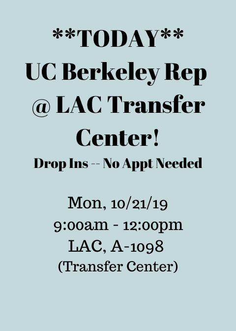 LbccTransfer's tweet photo. UC Berkeley @ LBCC Transfer Center Today, 10/21!!  No appointment needed -- stop on by!  9am-12pm, LAC A-1097. https://t.co/wXZnP1Wgfj